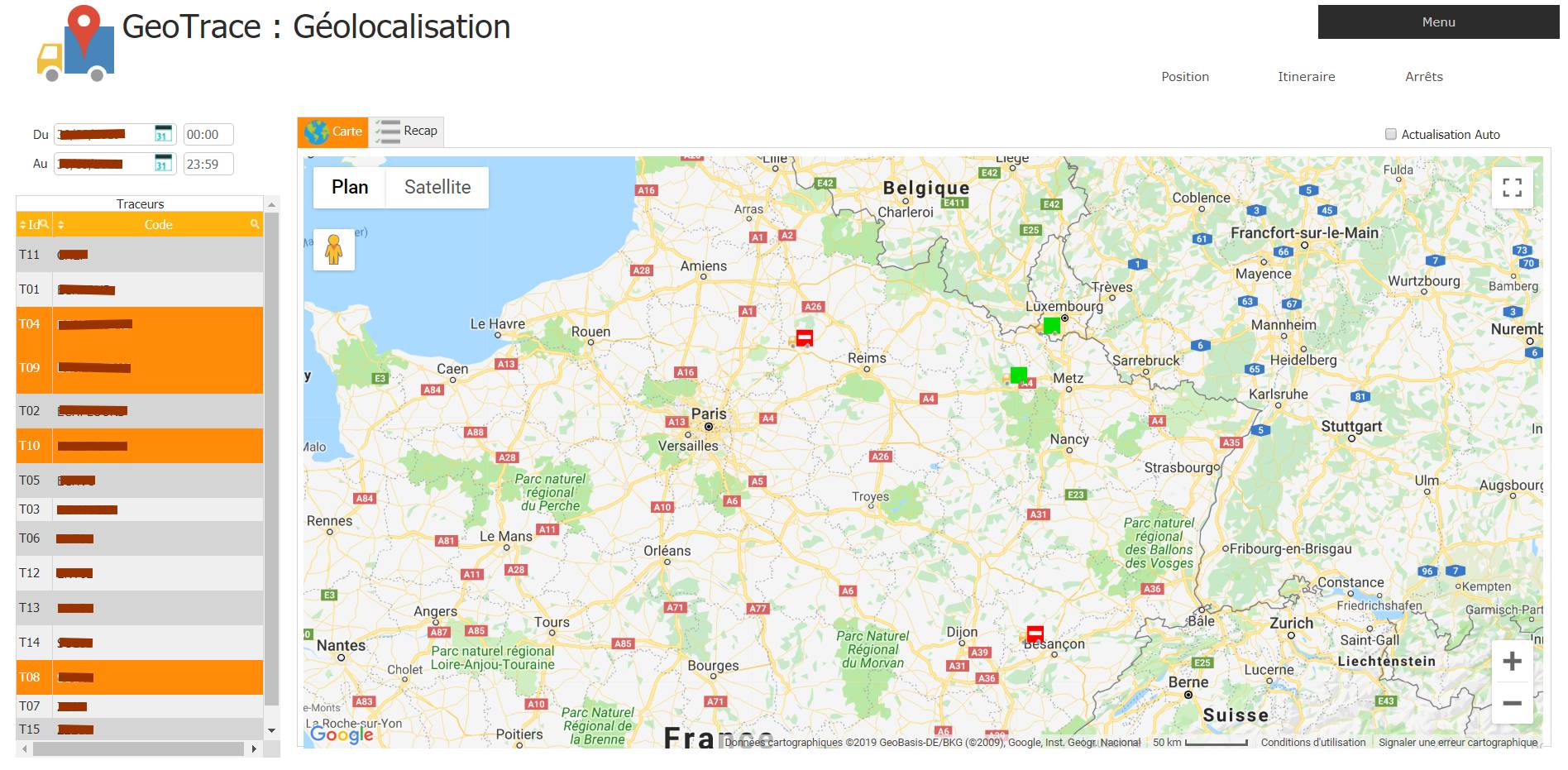 Position de vos vehicules en temps reel sur une carte interactive mode plan ou satellite